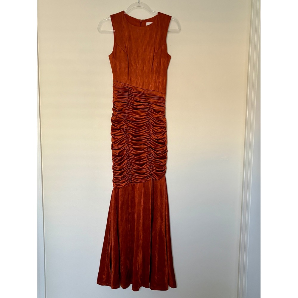 Dress The Population Rust Copper Ruched Sleeveless Mermaid Maxi Gown Dress Small